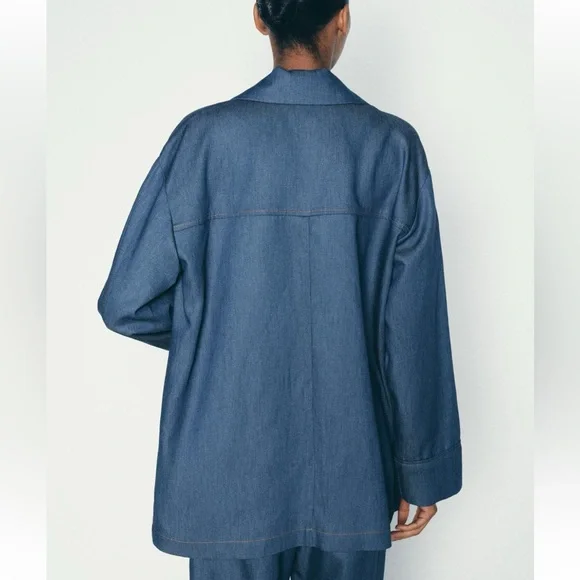 Denim effect Blue Oversized Women's Blazer - Picture 7 of 12